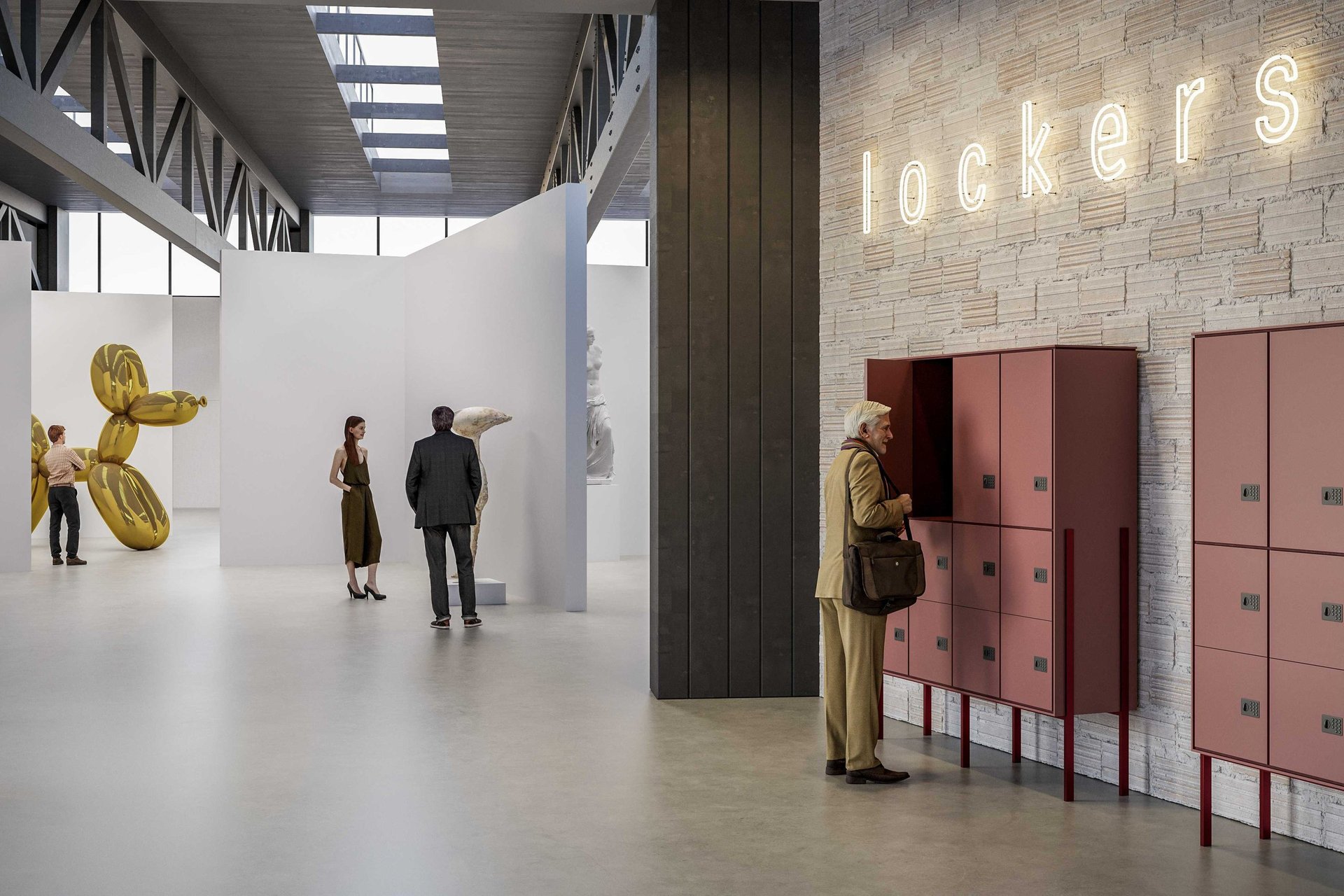Vizualizace LOCKERS v galerijním interiéru: červené skříňky s neonovým nápisem lockers